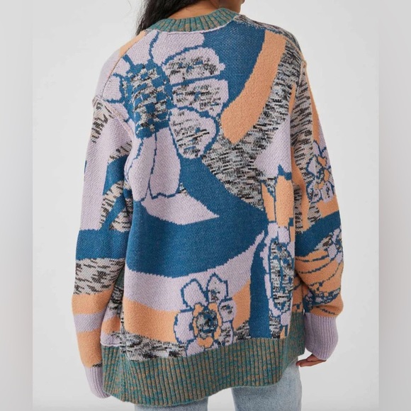 FREE PEOPLE GRAPHIC ABSTRACT AUGUST CARDIGAN - ORCHID TEAL - Picture 4 of 11